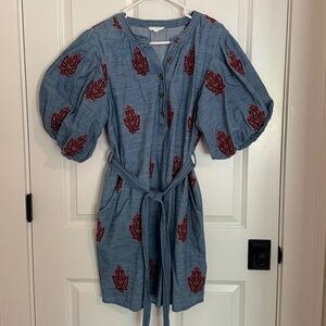 Denim Dress - Embroidered with Puff Sleeves - Size M